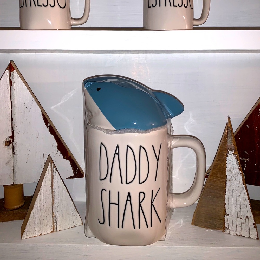 Rae Dunn Daddy Shark mug with topper